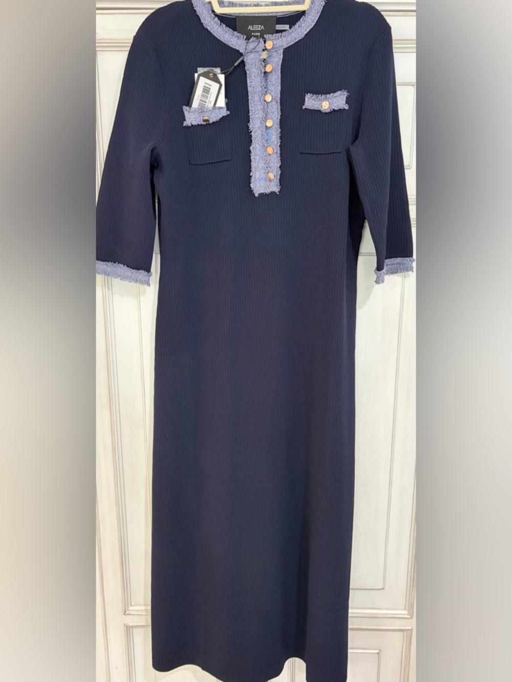 NWT SZ 1X Aleeza Paris Maxi Navy Knit Dress with Fringe Trim